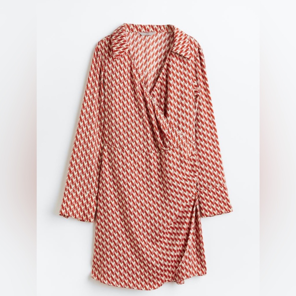 H&M Pink/Patterned Satin Wrapover  Shirt Dress Size L